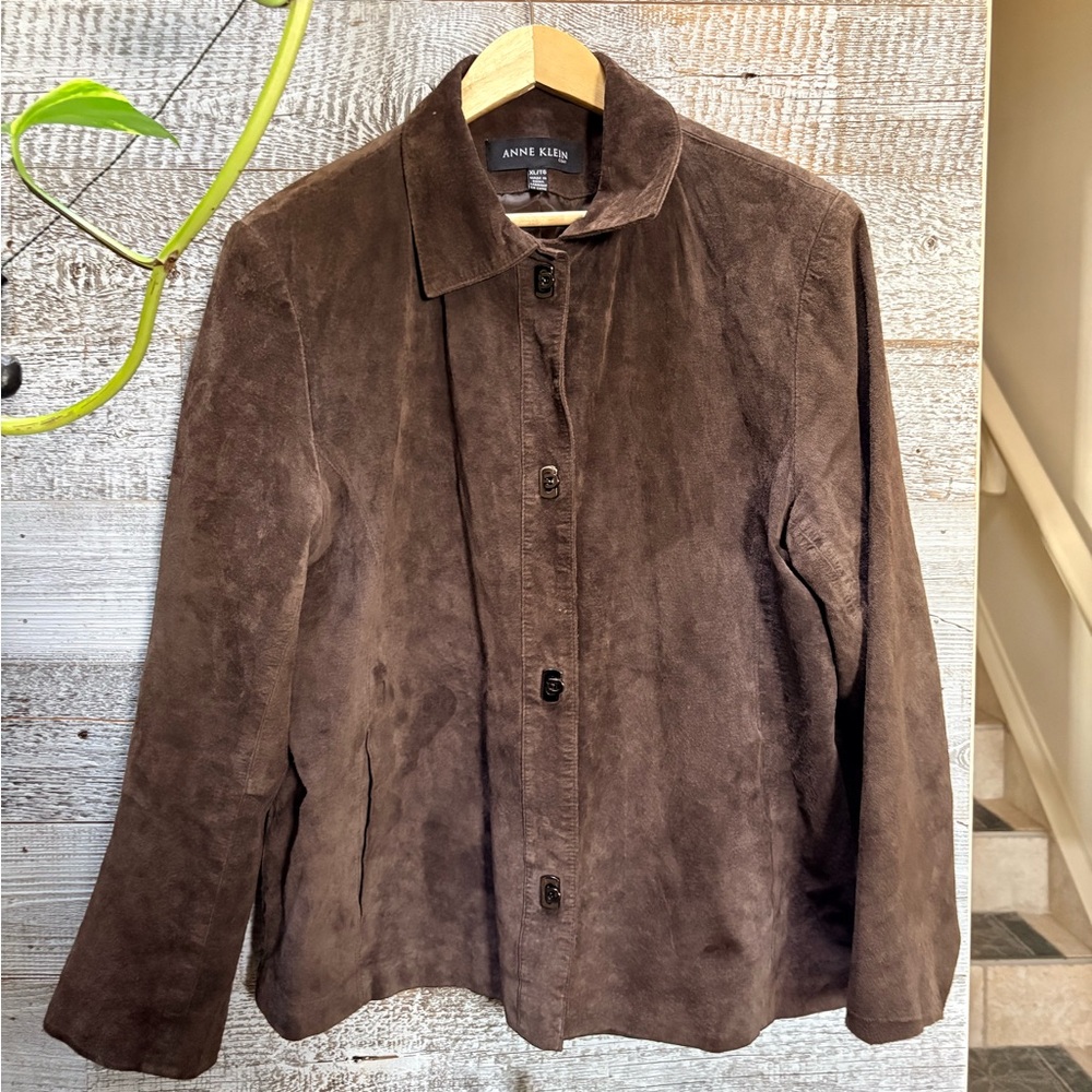 Anne Klein | Collared Genuine Suede Jacket w/ Metal Toggles - Women's XL, Brown